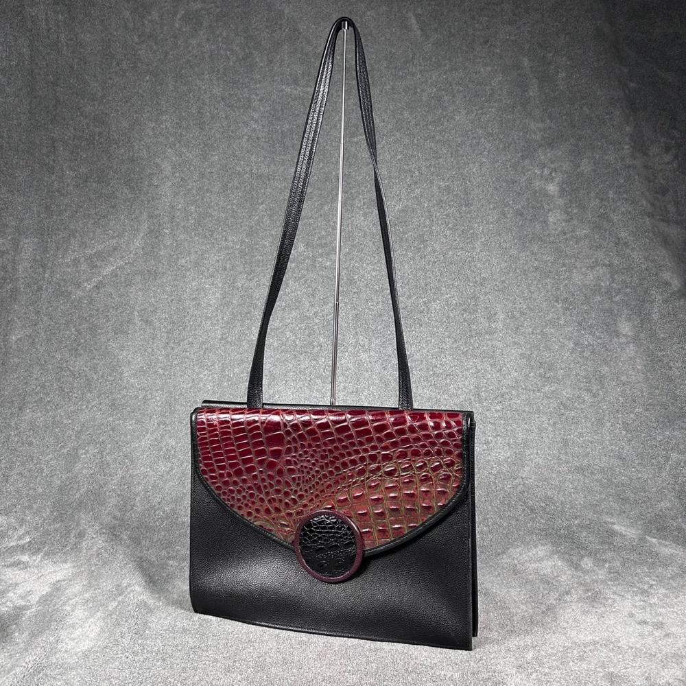 Vintage Handcrafted Leather Shoulder Bag Black Burgundy Croc Embossed Patchwork